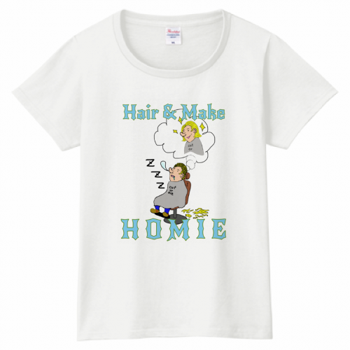 お店のイラストをプリントしたレディースのスタッフTシャツ
