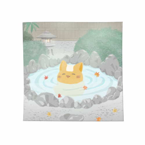 ・紅葉と温泉のイラストがプリントされた秋にぴったりのオリジナルタオル・タオルを乗せたねこちゃんのイラストが可愛い！
