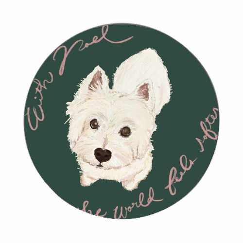 絵本のような優しいタッチが魅力！愛犬を描いた全面印刷の平丸缶