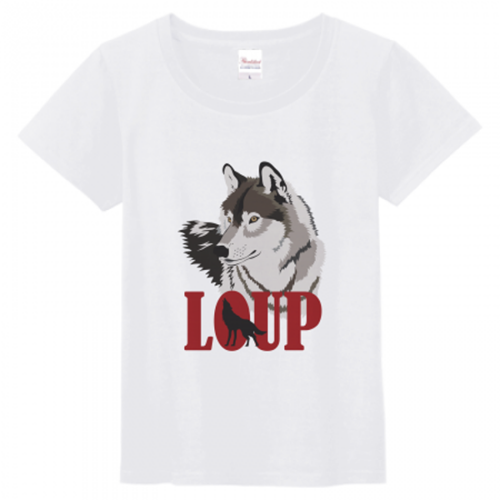 狼のイラストをプリントしたレディースTシャツ