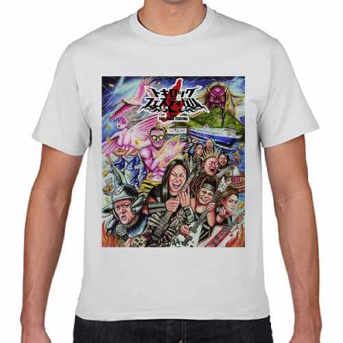 前面いっぱいにイラストをプリントしたフェスのオリジナルTシャツ