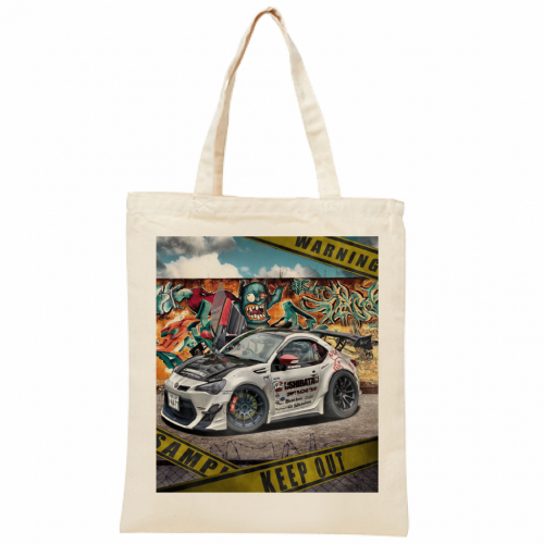 車のイラストとグラフィティアートがオシャレなトートバッグ